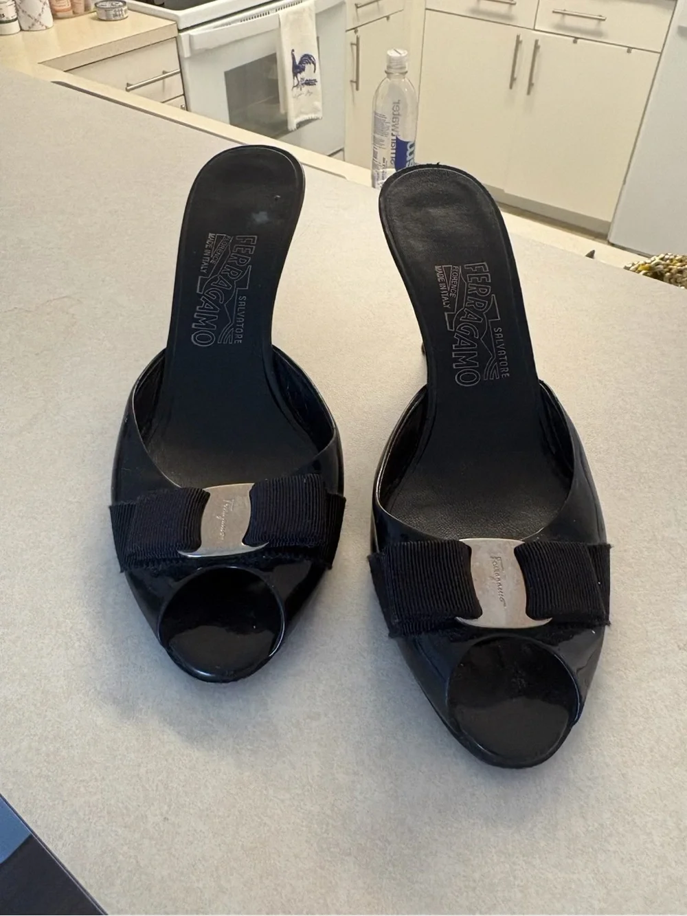 Salvatore Ferragamo Black Patent Vara Bow Open-Toe Mules